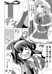  &gt;_&lt; 2girls :d adapted_costume bare_shoulders blush capelet closed_eyes comic crescent_hair_ornament fang gift hair_intakes hair_ornament hairband hat holly ichimi kantai_collection kongou_(kantai_collection) long_hair monochrome multiple_girls nagatsuki_(kantai_collection) open_mouth outstretched_arms santa_costume santa_hat smile translated xd |_| 