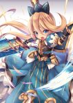  1girl armor armored_dress blonde_hair blue_eyes blush charlotta_(granblue_fantasy) fukai_ryousuke granblue_fantasy long_hair open_mouth solo sword weapon 