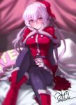  1girl 2015 arm_support belt black_legwear blush boots breasts buttons capelet christmas dated frown full-face_blush fur_trim gloves hair_between_eyes hat highres hinomoto_madoka leaning_back looking_at_viewer on_bed pantyhose red_boots red_gloves santa_costume santa_hat senki_zesshou_symphogear signature sitting sketch skirt solo tilt_shift twintails violet_eyes white_hair yes-no_pillow yukine_chris 
