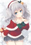  1girl aran_sweater bell bell_collar blue_eyes box breasts capelet christmas cleavage collar collarbone finger_to_mouth gift gift_box hat heart heart-shaped_box kantai_collection kashima_(kantai_collection) large_breasts long_sleeves looking_at_viewer miko_92 santa_costume santa_hat shirt shushing silver_hair skirt smile solo sweater twintails 