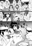  1boy 2girls admiral_(kantai_collection) bag bifidus chicken_(food) comic crying crying_with_eyes_open eating food hairband hat hyuuga_(kantai_collection) ikazuchi_(kantai_collection) ise_(kantai_collection) kantai_collection kongou_(kantai_collection) monochrome multiple_girls picture_(object) plate santa_hat strawberry_shortcake tears 