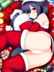 1girl ahoge alternate_costume ass breasts couch covered_nipples dress hair_flaps hat kantai_collection large_breasts light_smile long_hair looking_at_viewer low_twintails lying off_shoulder on_couch panties pantyshot pantyshot_(lying) puffy_nipples purple_hair red_dress red_eyes red_legwear santa_hat solo stuffed_animal stuffed_toy taigei_(kantai_collection) tenken_(gotannda) thigh-highs twintails underwear white_panties 