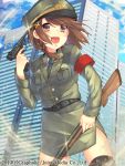  1girl :d akashi_(akashimichi) armband belt black_legwear blush brown_eyes brown_hair gun handgun highres military military_uniform open_mouth original pistol rifle smile solo thigh-highs thighs uniform weapon 