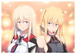  2girls alternate_hairstyle anchor bismarck_(kantai_collection) blonde_hair blue_eyes breasts capelet detached_sleeves graf_zeppelin_(kantai_collection) hairstyle_switch kantai_collection large_breasts long_hair multiple_girls osterei twintails wavy_mouth 