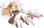  anila_(granblue_fantasy) blonde_hair boots bow breasts gloves granblue_fantasy horns large_breasts long_coat long_hair naginata polearm sheep_horns simple_background skirt thigh-highs weapon yellow_eyes 