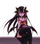  1girl black_hair black_legwear breasts cleavage cropped_legs hair_ornament highres horns japanese_clothes kimono long_hair looking_at_viewer nino_(shira) original red_eyes sitting smile solo thigh-highs tongue tongue_out wings 