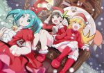  3girls antlers aqua_hair bell black_hair blonde_hair boots dress fang gesugesu_ahoaho green_eyes hachikuji_mayoi hat long_hair monogatari_(series) multiple_girls ononoki_yotsugi oshino_shinobu red_eyes reindeer_antlers sack santa_costume short_hair sleigh twintails yellow_eyes 