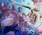  1girl bracelet brown_eyes brown_hair dress earmuffs jewelry makuwauri octopus open_mouth pointy_ears short_hair skirt sleeveless solo sword tentacles touhou toyosatomimi_no_miko underwater weapon 