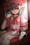  1girl animal_skull brooch hat jewelry looking_at_viewer mob_cap puffy_short_sleeves puffy_sleeves red_eyes remilia_scarlet shirt short_sleeves silver_hair sindre skirt skull solo touhou wrist_cuffs 