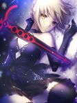 03oni5a5ino30 1girl blonde_hair bow dark_excalibur dress elbow_gloves fate/grand_order fate/stay_night fate_(series) gloves hair_bow lying pale_skin saber saber_alter snow solo yellow_eyes 