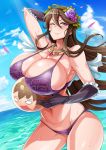  1girl belly bikini breasts brown_hair gloves granblue_fantasy highres huge_breasts long_hair looking_at_viewer mumumu_(three_emu) navel ocean one_eye_closed print_bikini purple_bikini purple_gloves rosetta_(granblue_fantasy) swimsuit thighs violet_eyes 