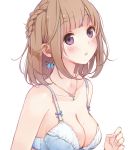  1girl bare_shoulders blush bra breasts brown_hair butterfly cleavage collarbone earrings jewelry maigo_(neko) necklace original short_hair simple_background solo underwear violet_eyes white_background 