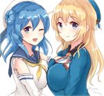  2girls atago_(kantai_collection) blonde_hair blue_eyes blue_hair chiune_(yachi) gloves hat kantai_collection long_hair multiple_girls one_eye_closed smile uniform urakaze_(kantai_collection) 