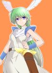  1girl 8000 armor belt blue_eyes bracer breasts capelet character_request commentary_request copyright_request dress green_hair hand_on_sword head_wings long_hair looking_at_viewer orange_background shoulder_pads simple_background solo sword weapon white_dress wings 