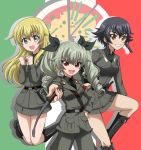  3girls anchovy belt black_hair black_shirt blonde_hair boots brown_eyes carpaccio dress_shirt drill_hair emblem flag_background food girls_und_panzer green_eyes green_hair grin hair_ribbon hand_on_hip hanzou holding italian_flag jacket jumping knee_boots knife leg_up long_hair long_sleeves looking_at_viewer military military_uniform miniskirt multiple_girls necktie open_mouth pants pepperoni_(girls_und_panzer) pizza red_eyes ribbon riding_crop shirt short_hair skirt smile standing twin_drills twintails uniform 