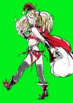  1girl :d ass belt black_legwear blush boots bracer cagliostro_(granblue_fantasy) cape fang full_body granblue_fantasy green_background hat highres long_hair looking_at_viewer midriff open_mouth osakana_(denpa_yun&#039;yun) sack santa_hat simple_background smile solo thigh-highs twintails violet_eyes 