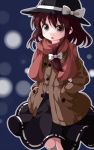  1girl bow brown_eyes brown_hair buttons coat hair_bow hand_in_pocket hat highres jacket long_hair open_mouth red_scarf ribbon ruu_(tksymkw) scarf short_hair skirt solo touhou usami_renko 
