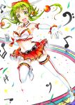  1girl bow breasts copyright_name detached_sleeves gloves goggles green_eyes green_hair gumi highres looking_at_viewer miniskirt navel running shoes short_hair_with_long_locks skirt smile solo soramu star thigh-highs vocaloid white_background white_gloves white_legwear zettai_ryouiki 