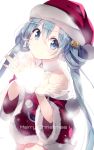  1girl aqua_eyes aqua_hair bell christmas collar hair_bell hair_ornament hat hatsune_miku highres jingle_bell lf long_hair looking_at_viewer merry_christmas santa_costume santa_hat simple_background solo twintails very_long_hair vocaloid white_background 