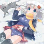  1girl aqua_eyes black_legwear braid breasts cat flower hair_flower hair_ornament hat jacket lying momoniku_(taretare-13) original scarf school_swimsuit short_hair silver_hair skirt snow snowflakes solo swimsuit swimsuit_under_clothes thigh-highs twin_braids 