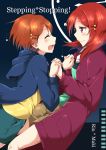  2girls ^_^ blush closed_eyes commentary_request cover cover_page doujin_cover facing_another hair_ornament hairpin highres holding_hands hood_down hoodie hoshizora_rin ksk_(semicha_keisuke) love_live!_school_idol_project multiple_girls nishikino_maki orange_hair redhead shorts smile star_hair_ornament violet_eyes yuri 