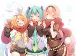  3girls :d ^_^ ahoge aqua_hair aqua_necktie arm_warmers armband bangs belt black_shorts blonde_hair blush bow breasts closed_eyes covered_navel cowboy_shot detached_sleeves girl_sandwich hair_between_eyes hair_ornament hairband hairclip hands_up happy hatsune_miku kagamine_rin large_breasts long_hair megurine_luka miniskirt multiple_girls open_mouth pink_hair pleated_skirt pom_pom_(clothes) red_scarf ribbon sandwiched scarf shared_scarf short_hair shorts side_slit skirt sleeveless small_breasts smile snowflakes stomach swept_bangs teeth temari_(deae) twintails upshirt very_long_hair vocaloid white_background white_bow yellow_ribbon 