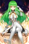  1girl absurdres bangs breasts c.c. closed_mouth code_geass crossed_legs gloves green_hair highres libra long_hair long_sleeves looking_at_viewer nero_(nilu) no_shoes pantyhose pillar sitting smile solo very_long_hair white_gloves white_legwear yellow_eyes zodiac 