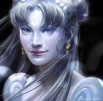  1girl artist_name bishoujo_senshi_sailor_moon blonde_hair blue_eyes crescent crescent_earrings double_bun earrings facial_mark forehead_mark hair_beads highres jewelry lipstick makeup maren_marmulla portrait princess_serenity realistic signature smile solo tsukino_usagi twintails 