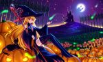  1girl blonde_hair cat dine&amp;rita female halloween hat long_hair magic original pumpkin red_eyes smile solo staff witch_hat 