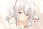  1girl adam700403 aqua_eyes bare_shoulders collarbone commentary_request heart kantai_collection kashima_(kantai_collection) looking_at_viewer off_shoulder silver_hair smile solo spoken_heart sweater twintails upper_body wavy_hair 
