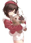  1girl antenna_hair black_hair blush idolmaster kikuchi_makoto nekopuchi reindeer santa_costume short_hair smile solo stuffed_animal stuffed_toy 