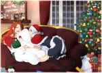  2girls alternate_hairstyle annotated antlers apron blue_dress blue_eyes braid breasts capelet chinese_clothes christmas christmas_lights christmas_tree commentary_request couch curtains dress hair_between_eyes hair_ribbon hat hong_meiling hong_meiling_(panda) indoors izayoi_sakuya large_breasts lying_on_person multiple_girls neko_majin on_couch open_mouth pants portrait_(object) red_nose reindeer_antlers ribbon santa_claus santa_hat short_hair silhouette silver_hair sleeping snowing touhou tress_ribbon twin_braids waist_apron wavy_hair white_pants younger 