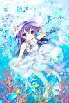  1girl akatsuki_(kantai_collection) alternate_costume bare_legs bare_shoulders blush coral dress fish highres jellyfish kantai_collection long_hair looking_at_viewer open_mouth purple_hair shirogane_hina solo sparkle underwater violet_eyes water white_dress 