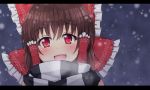  1girl bow brown_hair hair_bow hair_tubes hakurei_reimu open_mouth red_eyes sash scarf shefu snowing solo touhou winter_clothes 