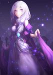  1girl bare_shoulders braid chun_lanlanlan commentary_request cowboy_shot dress emilia_(re:zero) hair_over_shoulder highres long_hair looking_at_viewer night parted_lips pointy_ears purple_dress purple_hair re:zero_kara_hajimeru_isekai_seikatsu solo violet_eyes 