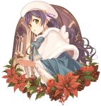  1girl :o beret candle capelet flower green_eyes hat hat_ribbon holly kannuki_hisui long_hair looking_at_viewer love_live!_school_idol_festival love_live!_school_idol_project merry_christmas pinecone poinsettia purple_hair ribbon snow_halation solo toujou_nozomi 