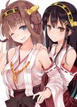  2girls black_hair brown_eyes brown_hair hairband haruna_(kantai_collection) headgear highres japanese_clothes kantai_collection kongou_(kantai_collection) long_hair multiple_girls nontraditional_miko one_eye_closed open_mouth shirotaso0818 smile 