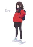  1girl backpack bag black_eyes black_hair coat hand_in_pocket long_hair original pantyhose puckered_lips shoes skirt sneakers solo ssberit standing white_background 