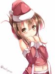  1girl artist_name blush brown_eyes brown_hair christmas flat_chest hat inazuma_(kantai_collection) kantai_collection looking_at_viewer navel santa_hat simple_background smile solo white_background yonjyuugo 