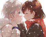  2girls anastasia_(idolmaster) bangs blue_eyes blush brown_hair closed_eyes eyelashes face-to-face from_side fur_trim gobou_1000 hands_on_another&#039;s_cheeks hands_on_another&#039;s_face hooded_jacket idolmaster idolmaster_cinderella_girls long_hair long_sleeves looking_at_another multiple_girls nitta_minami red_scarf scarf silver_hair simple_background smile snowing upper_body white_background winter winter_clothes 