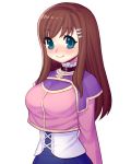  1girl belt blue_eyes blush breasts brown_hair choker corset error folks_(nabokof) hair_ornament hairclip jacket long_hair pencil_skirt shoulder_pads sidelocks skirt solo sophia_esteed star_ocean star_ocean_till_the_end_of_time upper_body 