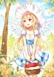  1girl angel_wings blonde_hair blush collarbone dated dress dungeon_and_fighter earrings flower hat highres jewelry jewriel long_hair open_mouth picnic_basket pointy_ears puffy_short_sleeves puffy_sleeves red_eyes short_sleeves sun_hat wings 