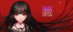  1girl artist_name bangs black_hair blunt_bangs copyright_name enma_ai floating_hair japanese jigoku_shoujo kawacy long_hair looking_at_viewer portrait red_background red_eyes school_uniform serafuku simple_background solo very_long_hair 