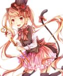  1girl animal_ears black_legwear cat_ears garter_straps highres holding light_brown_hair long_hair looking_at_viewer open_mouth original pink_skirt red_eyes ribbon satou_(una-vittima) simple_background skirt solo tail tail_ribbon thigh-highs twintails white_background 
