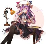  1girl alternate_costume black_legwear book book_stack character_name crescent_hair_ornament cup glasses hair_ornament hat hide448 highres lamp long_hair mob_cap patchouli_knowledge purple_hair simple_background sitting slice_of_cake solo table tea teacup thigh-highs touhou violet_eyes white_background 