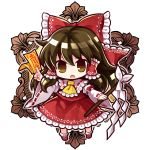  1girl ascot bow brown_eyes brown_hair chibi hair_bow hair_tubes hakurei_reimu haraegushi japanese_clothes miko ofuda open_mouth socha solo touhou 