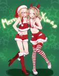  2girls arm_around_back bangs blue_eyes boots borrowed_character brown_hair chibikko_(morihito) christmas dekoglasses eyebrows fake_horns fur_trim glasses hairband hat high_heel_boots high_heels knee_boots merry_christmas midriff morihito multiple_girls navel one_eye_closed open_mouth original parted_bangs red-framed_glasses red_boots santa_costume santa_hat shoes shorts skirt smile standing_on_one_leg star strapless striped striped_legwear thick_eyebrows thigh-highs tubetop white_shoes wrist_cuffs 