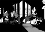  2boys birthmark bowtie crossed_arms dark dio_brando emg_(christain) hands_clasped hat highres jojo_no_kimyou_na_bouken jonathan_joestar male_focus monochrome multiple_boys shadow split_screen top_hat window 