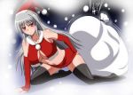  1girl alternate_costume breasts cleavage detached_sleeves hat long_hair lyrical_nanoha mahou_shoujo_lyrical_nanoha mahou_shoujo_lyrical_nanoha_a&#039;s midriff red_eyes reinforce sack santa_costume santa_hat silver_hair solo thigh-highs translation_request zerosu_(take_out) 