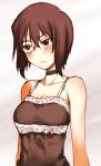  1girl black_eyes blush brown_hair camisole choker colored_pencil_(medium) cowboy_shot embarrassed frown girls_und_panzer kawashima_momo looking_away monocle sakaki_imasato short_hair sketch solo standing traditional_media 